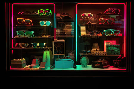 retro store window display with neon signs, cassette tapes, and sunglasses, created with generative aiの素材