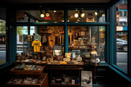 retro store with bold typography and vintage merchandise in the window, created with generative aiの素材