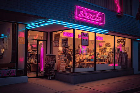 80s-style store exterior with a retro neon sign in the window, created with generative aiの素材