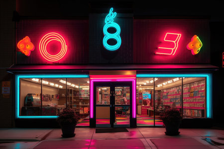 80s-style store exterior with bold, colorful sign and lights, created with generative aiの素材