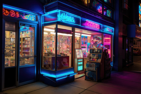 80s-themed store, with vintage neon sign and electric blue exterior, created with generative aiの素材