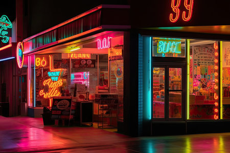 retro store front with neon signs and pop art, created with generative aiの素材