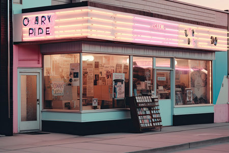 80s-style store exterior with vintage neon sign and pastel colors, created with generative aiの素材