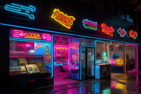 80s-style store exterior with colorful pop art and neon signs, created with generative aiの素材