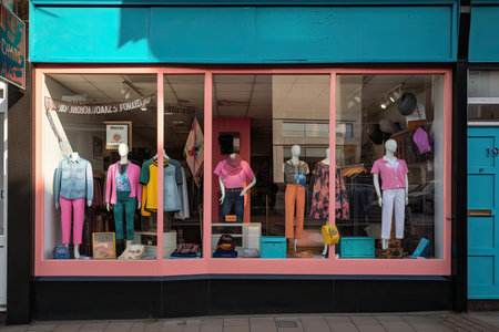80s-style store exterior with retro clothing and accessories hanging in the window, created with generative aiの素材