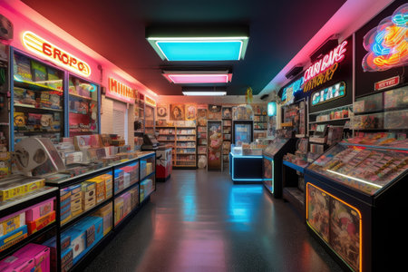 80s-themed convenience store with retro neon sign, pop art posters and vinyl records, created with generative aiの素材