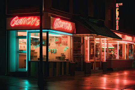 storefront with retro neon signs and awnings, created with generative aiの素材