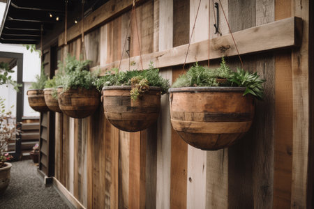 rustic wood exterior with hanging planters and greenery for natural touch, created with generative aiの素材