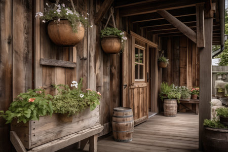rustic wood exterior with hanging planters and greenery for natural touch, created with generative aiの素材