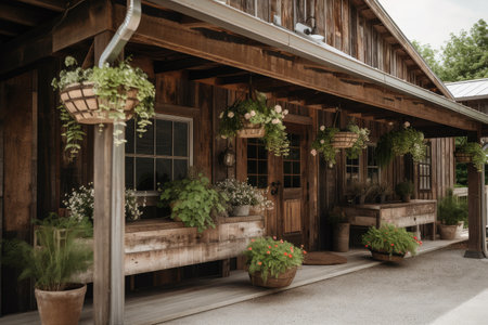 rustic wood exterior with hanging planters and greenery for natural touch, created with generative aiの素材