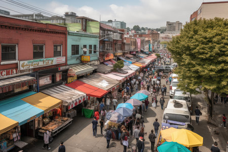 busy urban market with bustling shoppers, colorful awnings, and signs in multiple languages, created with generative aiの素材