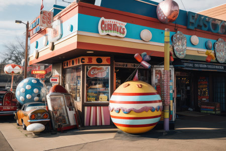 giant eggbeater, retro signage and vintage products on the exterior of retro store, created with generative aiの素材