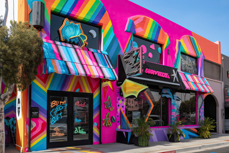80s-style store exterior with colorful and funky decor, including a pop art mural and neon signs, created with generative aiの素材