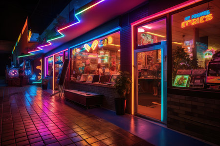 80s-style store exterior with lights and music, creating a lively and fun atmosphere, created with generative aiの素材