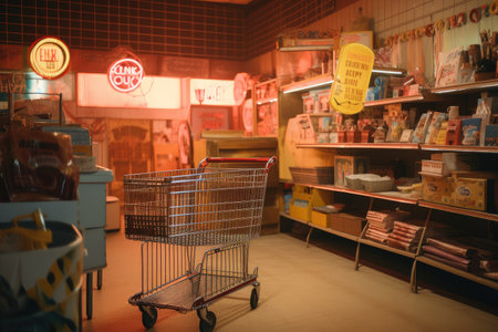 80s-style store with vintage shopping cart and retro sign, created with generative aiの素材