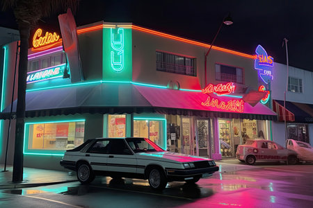 80s-style store exterior with giant neon sign and a car or motorcycle in the background, created with generative aiの素材