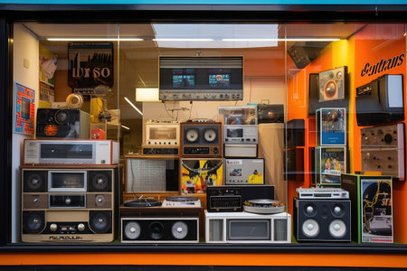 80s-style store exterior with window display of retro electronics and vinyl records, created with generative aiの素材