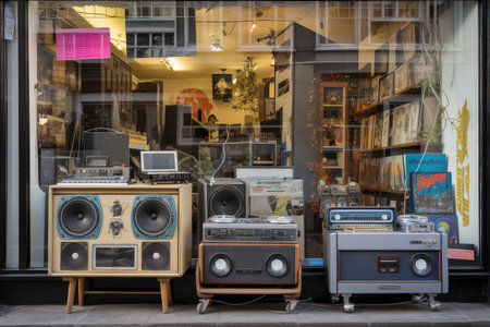 80s-style store exterior with window display of retro electronics and vinyl records, created with generative aiの素材