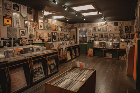 retro store with vintage-inspired signage, tall shelves filled with memorabilia, and vinyl records on display, created with generative aiの素材