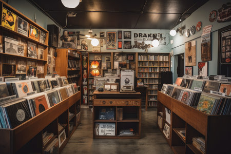 retro store with vintage-inspired signage, tall shelves filled with memorabilia, and vinyl records on display, created with generative aiの素材