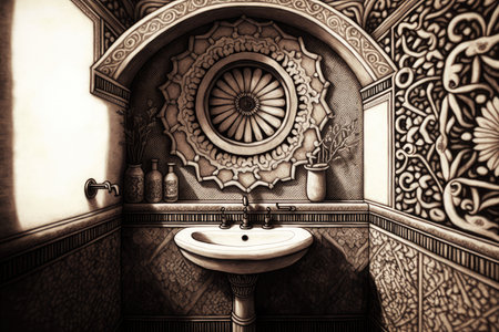 bathroom with intricate tile work and sink, sketched in detail, created with generative aiの素材