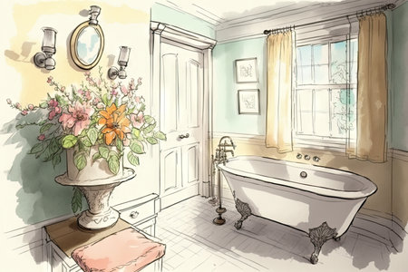 sketch of bathroom with vintage sink and clawfoot tub, surrounded by blooming flowers, created with generative aiの素材
