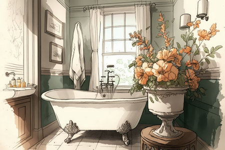 sketch of bathroom with vintage sink and clawfoot tub, surrounded by blooming flowers, created with generative aiの素材