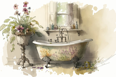 sketch of bathroom with vintage sink and clawfoot tub, surrounded by blooming flowers, created with generative aiの素材