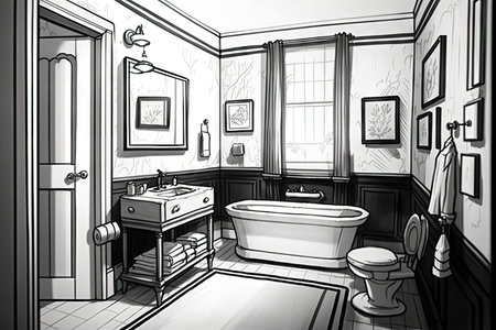 bathroom, with classic toilet and tub, sketched in black and white, created with generative aiの素材