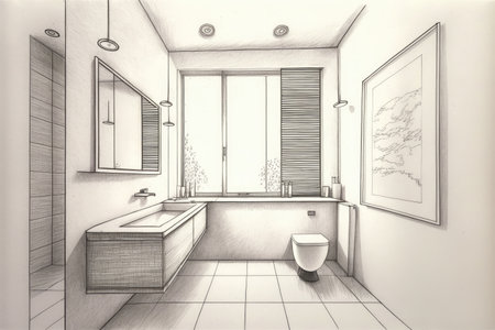 bathroom, with toilet and sink, in minimalist pencil sketch, created with generative aiの素材