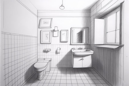 bathroom, with toilet and sink, in minimalist pencil sketch, created with generative aiの素材