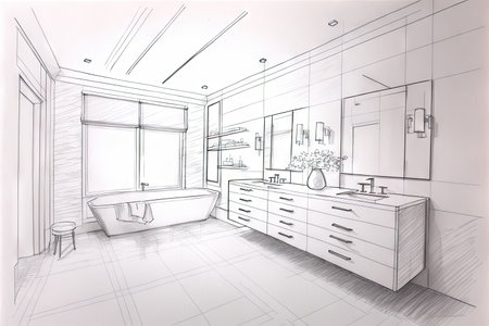pencil sketch of bathroom, with minimalist and modern design elements, including sleek fixtures and clean lines, created with generative aiの素材