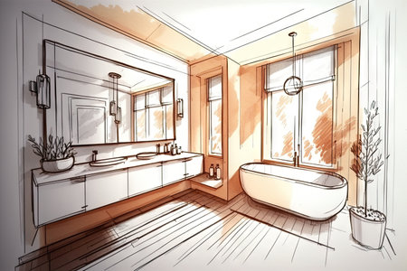 sketch of bathroom with minimalist fixtures and sleek lines, surrounded by a warm and cozy atmosphere, created with generative aiの素材