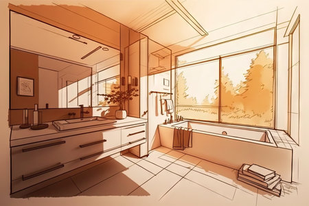 sketch of bathroom with minimalist fixtures and sleek lines, surrounded by a warm and cozy atmosphere, created with generative aiの素材
