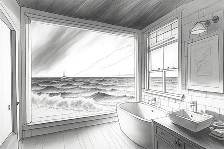 bathroom, with view of the ocean, and pencil-sketched seascape, created with generative aiの素材