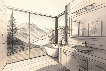 bathroom, with view of the mountains, sketched in fine detail, created with generative aiの素材