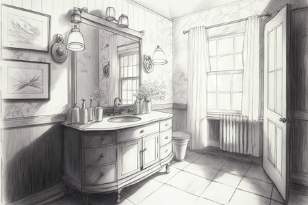 bathroom, with sink and mirror, in pencil sketch, created with generative aiの素材