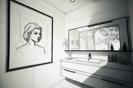 bathroom with sleek, modern design and minimalistic elements, featuring minimalist sketch, created with generative aiの素材