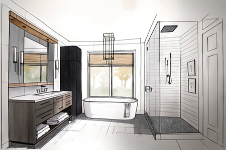 bathroom with sleek, modern design and minimalistic elements, featuring minimalist sketch, created with generative aiの素材