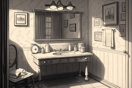 a bathroom, with a sink and mirror, drawn in fine detail, created with generative aiの素材