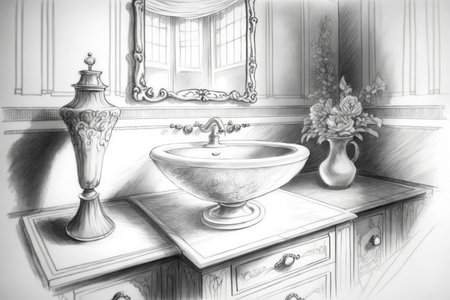 classic black-and-white bathroom pencil sketch, with stylish sink and faucet, created with generative aiの素材