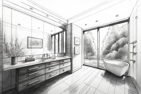 classy bathroom, with sleek and modern fixtures, is brought to life with pencil sketch of natural elements, created with generative aiの素材
