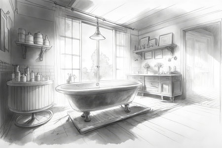 pencil sketch of tranquil bathroom, with steam rising from the bathtub, created with generative aiの素材