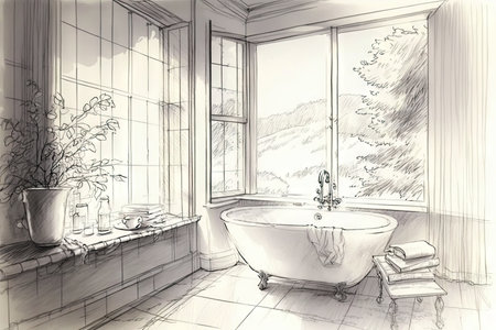 pencil sketch of tranquil bathroom, with steam rising from the bathtub, created with generative aiの素材