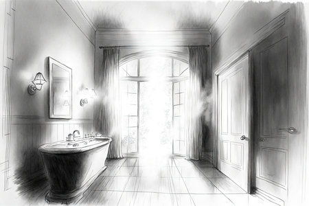 pencil sketch of tranquil bathroom, with steam rising from the bathtub, created with generative aiの素材