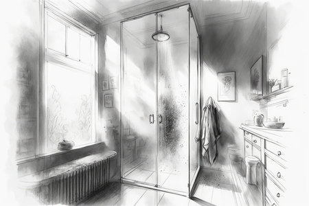 bathroom with shower and steam, pencil sketch illustration, created with generative aiの素材