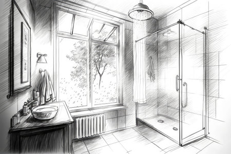 bathroom with shower and steam, pencil sketch illustration, created with generative aiの素材