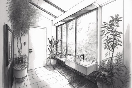 pencil sketch of serene bathroom filled with natural light, surrounded by plants, created with generative aiの素材