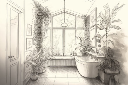 pencil sketch of serene bathroom filled with natural light, surrounded by plants, created with generative aiの素材