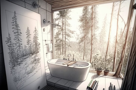 a cozy bathroom, with a view of the forest, filled with pencil sketches and drawings, created with generative aiの素材